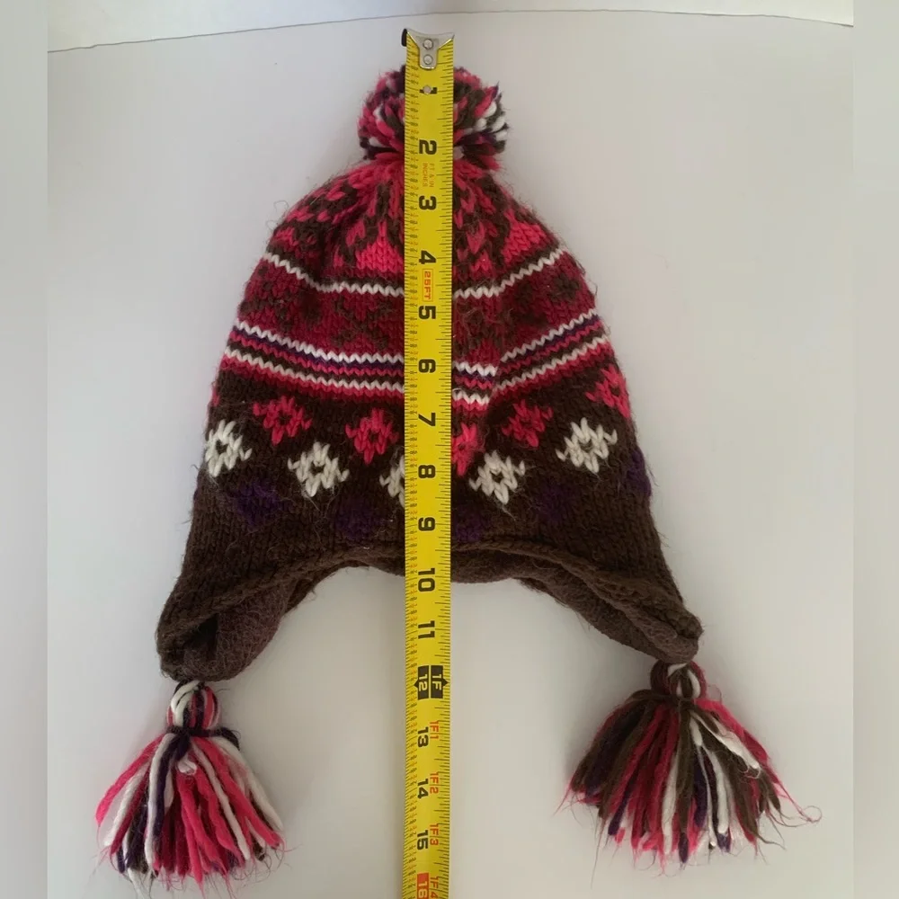 Knit Fleece Lined Hat Youth Size 4-7 Pink Brown White Ear Flap Pom Pom Tassels